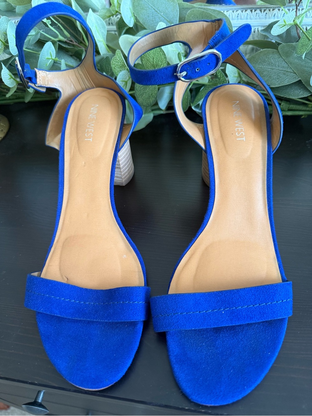 Nine West Cobalt Blue Suede Ankle-Strap Block Heel Sandals 10M